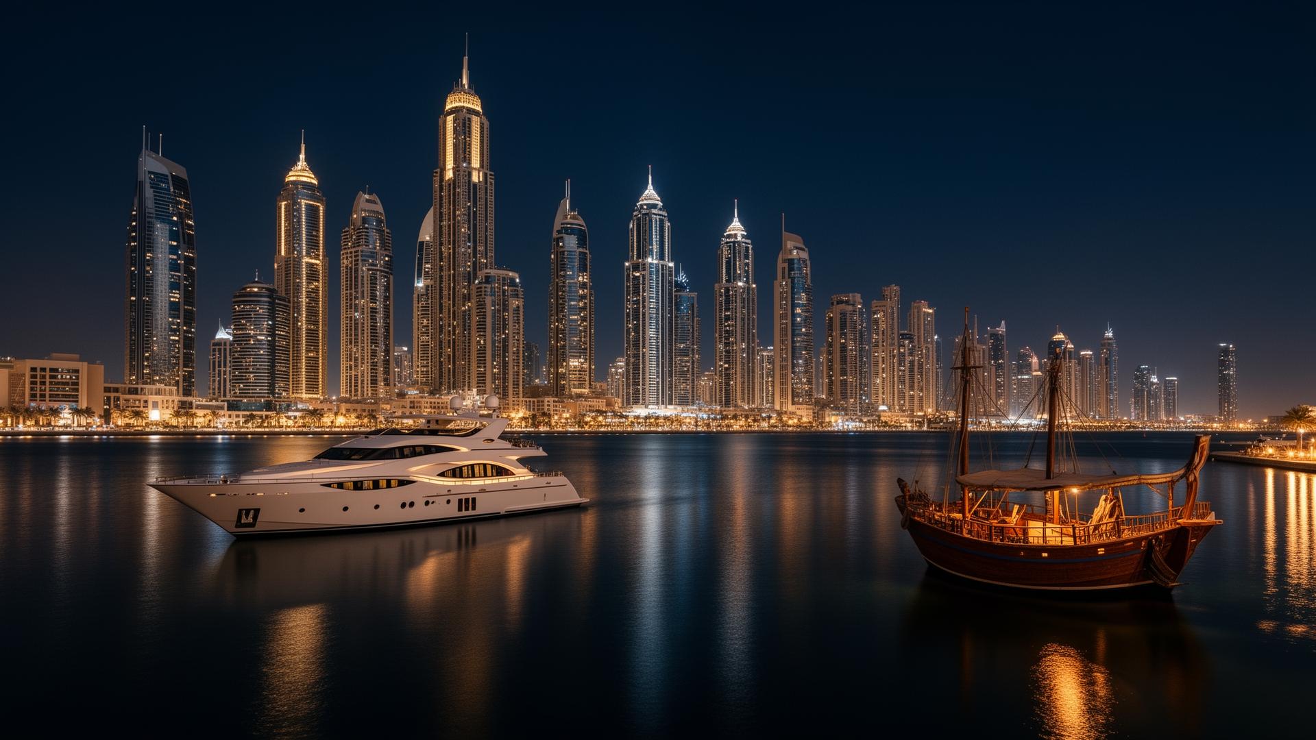 Luxury dhow cruise along Dubai Marina skyline at sunset