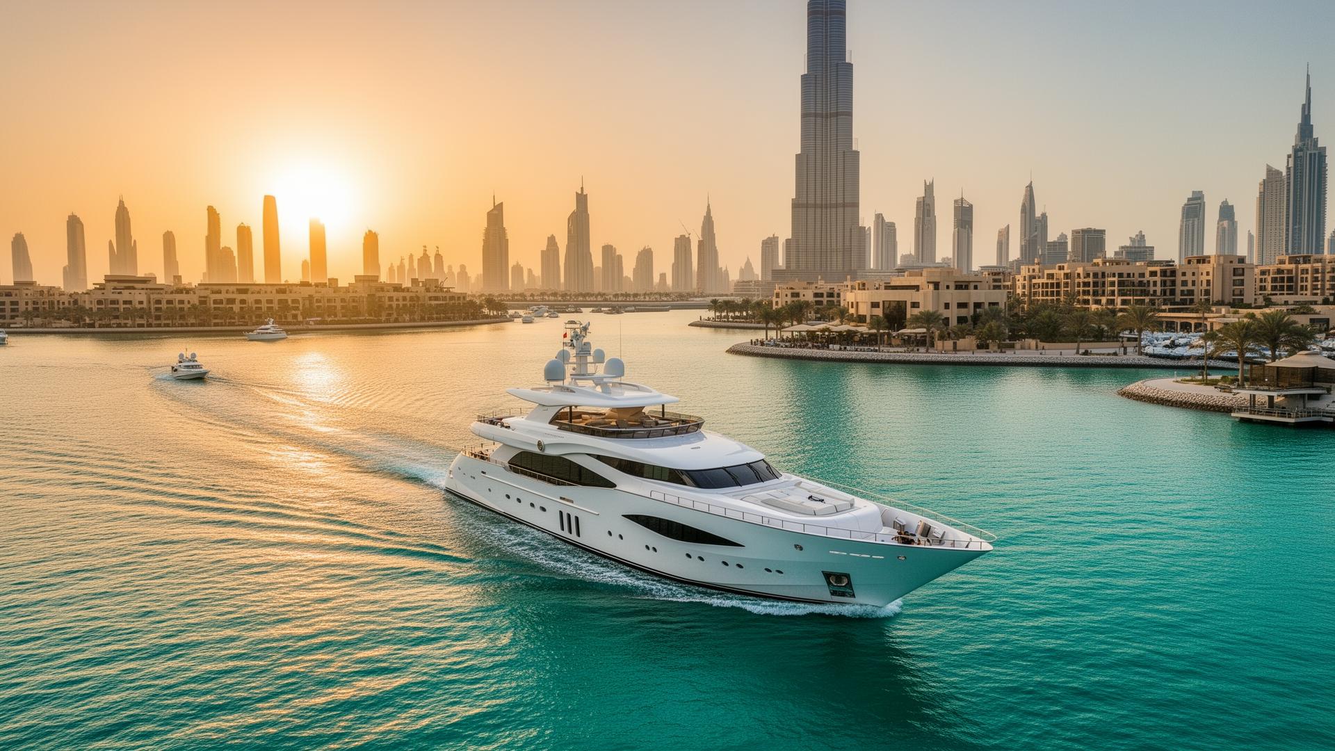 Yacht cruising past Dubai skyline at night